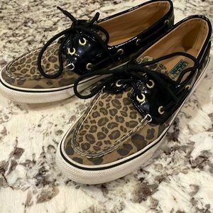 Sperry Topsiders Women's Leopard Canvas Black Patent Leather Boat Shoes …